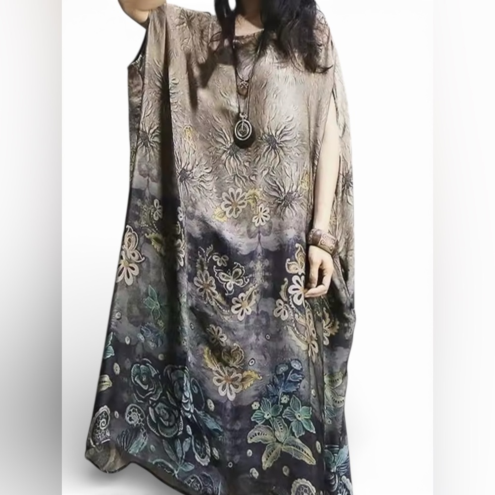 Silk Chiffon Oversized Boho Floral Kaftan Maxi Dress One Size - Picture 3 of 11